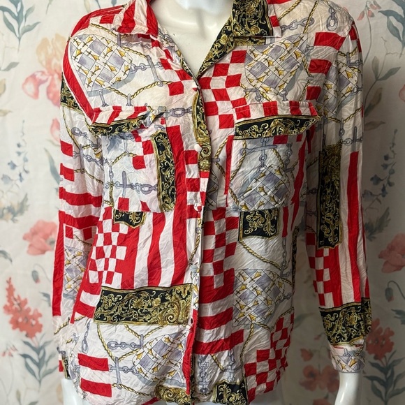 Vintage Silx Women's Red and Black Patterned Blouse - Picture 1 of 12